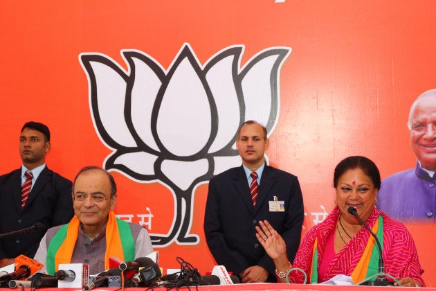 Union finance minister Arun Jaitley and Rajasthan chief minister Vasundhara Raje at the release of the party's manifesto earlier this week.