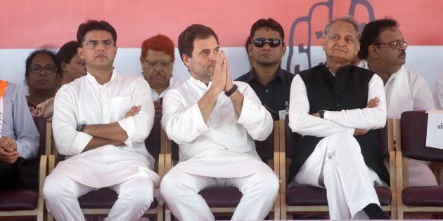 Congress President Rahul Gandhi (Centre) with State President Sachin Pilot (Left) and national general secretary Ashok Gehlot (Right) and other leaders during a public Rally on August 11, 2018 in Jaipur, India.