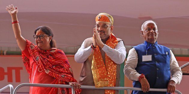 BJP President Amit Shah (Centre), former Rajasthan Chief Minister Vasundhara Raje (Left) with Rajasthan BJP President Madanlal Saini (Right) in a file photo.