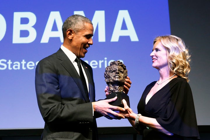 Robert F. Kennedy Human Rights President Kerry Kennedy presents former President Barack Obama with the foundation's Ripple of Hope Award at a ceremony, Wednesday, Dec. 12, 2018, in New York.