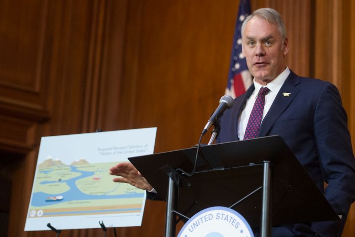 Interior Secretary Ryan Zinke speaks at a press conference at the Environmental Protection Agency's headquarters in Washington, D.C.
