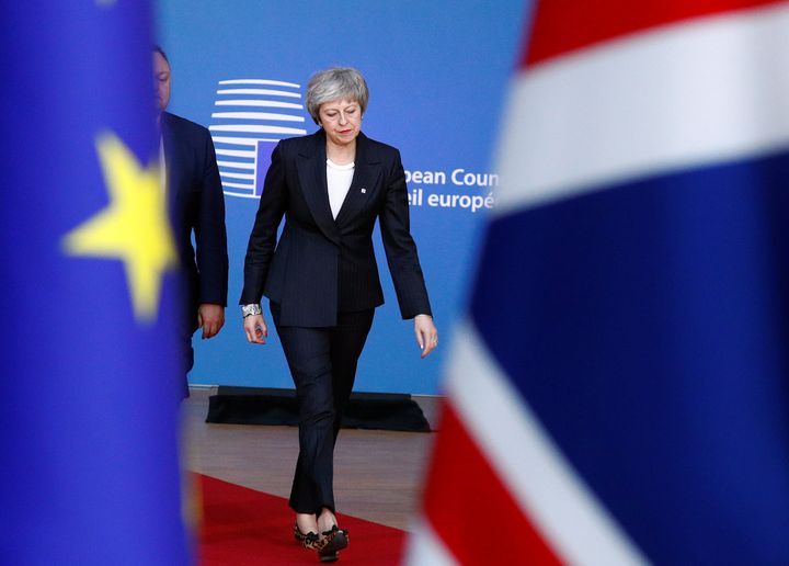 Embattled prime minister Theresa May arrives at the European Council summit in Brussels.
