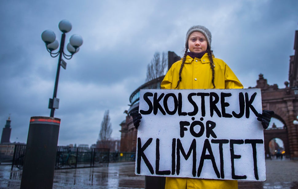 Greta Thunberg holds a placard reading "school strike for the climate" during a protest outside the Swedish parliament on Nov
