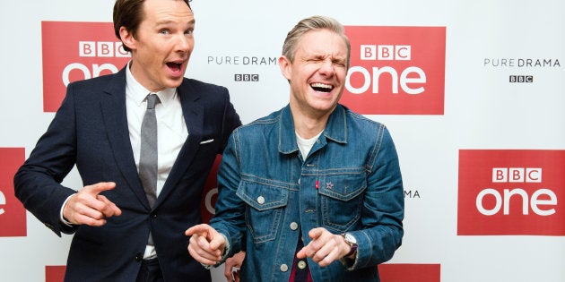 LONDON, ENGLAND - DECEMBER 19: (L-R) Benedict Cumberbatch and Martin Freeman attend a screening of the Sherlock 2016 Christmas Special at Ham Yard Hotel on December 19, 2016 in London, England. (Photo by Jeff Spicer/Getty Images)