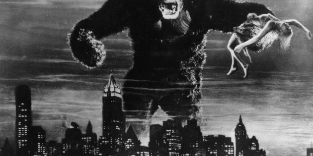 1933: One of John Cerisoli's models of the giant ape, poised above the New York skyline in a scene from the classic monster movie 'King Kong'. In one of his enormous hands is leading lady Fay Wray, the film's heroine. (Photo by Hulton Archive/Getty Images)
