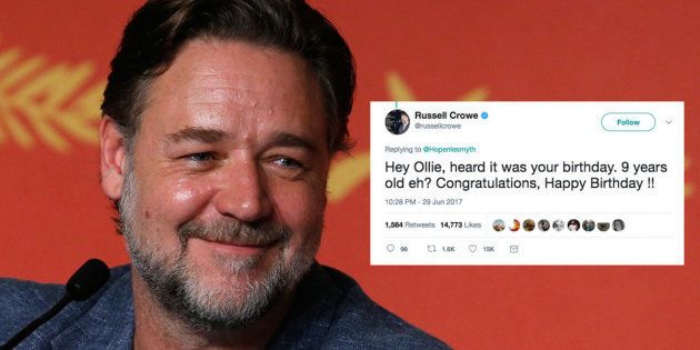 Actor Russell Crowe is among the celebrities who have joined forces to wish a 9-year-old boy a happy birthday via Twitter.