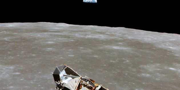 The Apollo 11 Lunar Module ascent stage, with astronauts Neil A. Armstrong and Edwin E. Aldrin Jr. aboard, is photographed from the Command and Service Modules in lunar orbit in this July, 1969 file photo.
