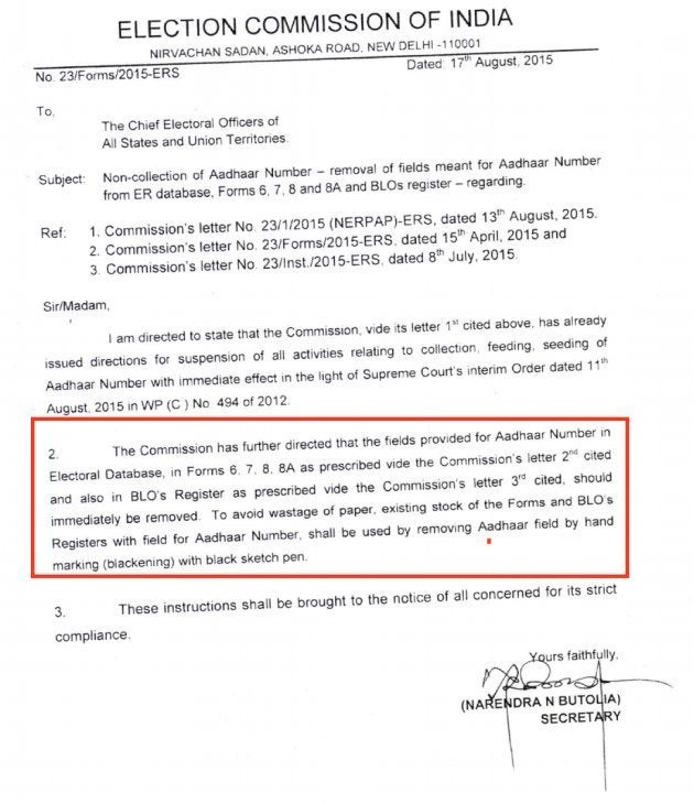 An Election Commission of India (ECI) circular asking that forms asking for Aadhaar numbers be blackened by hand using sketch pens.