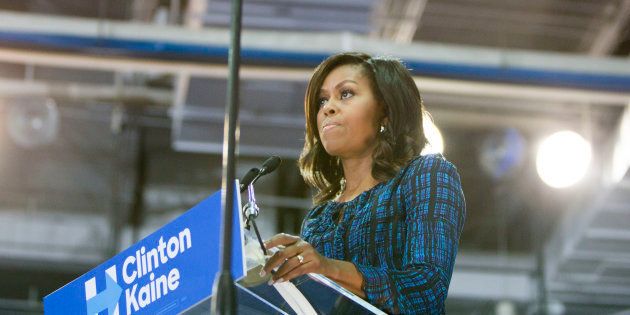 PHILADELPHIA, PA - SEPTEMBER 28: U.S. first lady Michelle Obama campaigns for democratic presidential nominee Hillary Clinton at Lasalle University on September 28, 2016 in Philadelphia, Pennsylvania. Michelle Obama speaks about what is at stake in November and urges Pennsylvanians to vote. (Photo by Jessica Kourkounis/Getty Images)