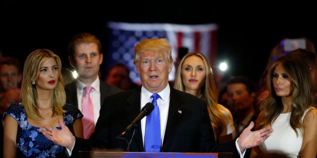 Republican U.S. presidential candidate Donald Trump speaks as he stands surrounded by (L-R) his daughter Ivanka, his son Eric, Eric Trump's wife Lara Yunaska and his wife Melania (R), during a campaign victory party after rival candidate Senator Ted Cruz dropped out of the race for the Republican presidential nomination, at Trump Tower in Manhattan, New York, U.S., May 3, 2016. REUTERS/Lucas Jackson TPX IMAGES OF THE DAY