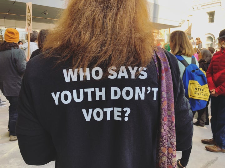 A Sunrise Movement protester in San Francisco on Dec. 11, 2018.
