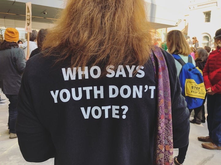 A Sunrise Movement protester in San Francisco on Dec. 11, 2018. 