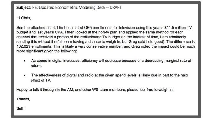 Email from the conversation between analysts at a private contractor and senior staff at the Center for Medicare and Medicaid Services in which they discuss projections for how reallocating television ad money would affect enrollment.