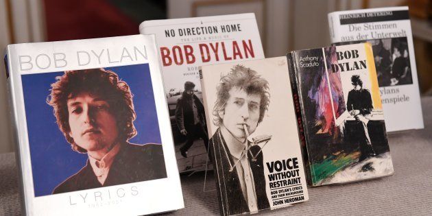 Books by US songwriter Bob Dylan who was announced the laureate of the 2016 Nobel Prize in Literature are displayed at the Swedish Academy in Stockholm, Sweden, on October 13, 2016.