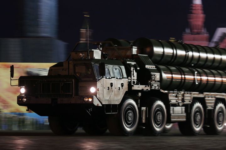 An S-400 Triumf surface-to-air launch vehicle rolls down Moscow's Red Square during a rehearsal.