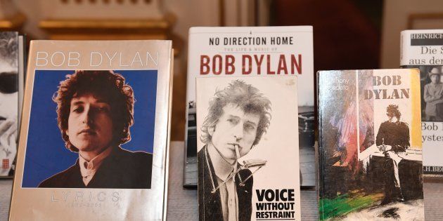 Books by Bob Dylan, who was announced the laureate of the 2016 Nobel Prize in Literature, are displayed at the Swedish Academy in Stockholm, Sweden, on October 13, 2016. JONATHAN NACKSTRAND/AFP/Getty Images.