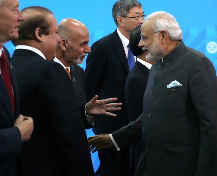 Pakistan's Prime Minister Nawaz Sharif, Afghan President Mohammad Ashraf Ghani and Indian Prime Minister Narendra Modi during the Shanghai Cooperation Organisation (SCO) Summit on July 10 2015 in Ufa, Russia.