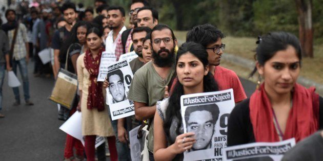 Members of JNUSU during a protest regarding the missing case of JNU student Najeeb Ahmad. (Photo by Ravi Choudhary/Hindustan Times via Getty Images)