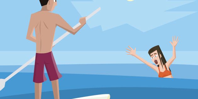 Lifeguard rescues drowning woman - colorful vector cartoon illustration.