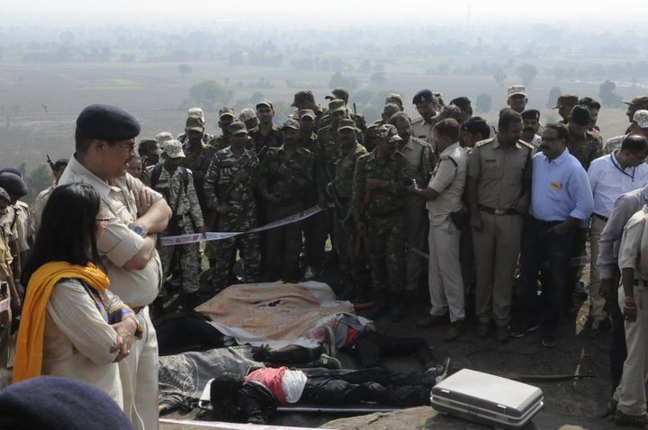 Body of SIMI terrorists killed in an encounter lying on ground at Acharpura on October 31, 2016 in Bhopal.