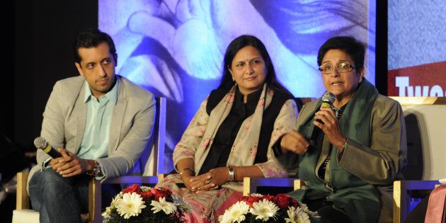 (L - R) Rishi Jaitly Twitter Head (India), Kawaljeet Singh, Kiran Bedi participating in panel discussion Battling Demons: Inner and Outer during inauguration of social TV show Code Red at Hindu College on January 13, 2015 in New Delhi, India.
