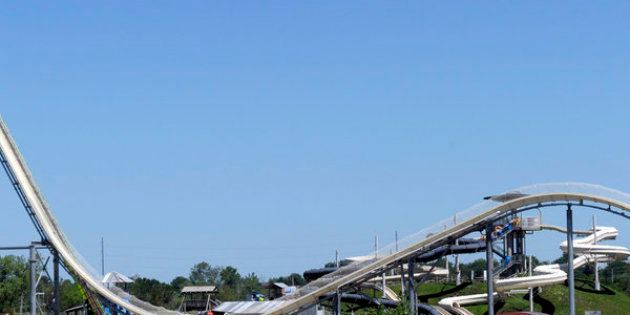 A general view of the Verrückt water slide at the Schlitterbahn Waterpark in Kansas City, Kansas, before its scheduled opening on July 10, 2014. The slide, at 168 feet 7 inches, is the world's tallest water slide, according to Guinness World Records.