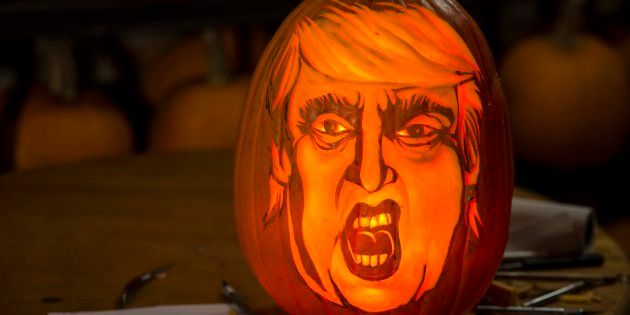 NEW YORK, NY - OCTOBER 5: Artist Hugh McMahon carves Donald Trump into a pumpkin at his Brooklyn, New York studio on Monday Oct. 5, 2015. (Photo by Damon Dahlen, Huffington Post) *** Local Caption ***