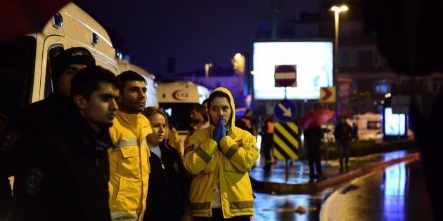 A first aid officer reacts at the site of an armed attack January 1, 2017 in Istanbul.At least two people were killed in an armed attack Saturday on an Istanbul nightclub where people were celebrating the New Year, Turkish television reports said. / AFP / YASIN AKGUL (Photo credit should read YASIN AKGUL/AFP/Getty Images)