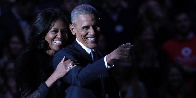 President Barack Obama and first lady Michelle Obama on stage after the president delivered his farewell address in Chicago.