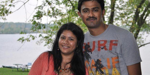 Sunayana Dumala pictured with her husband, Srinivas Kuchibhotla. Kuchibhotla, 32, was fatally shot in what is now being investigated as a hate crime.