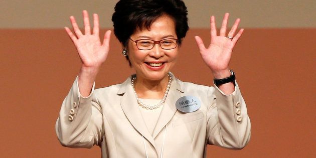 Carrie Lam waves after she won the election for Hong Kong's Chief Executive in Hong Kong, China March 26, 2017. (REUTERS/Bobby Yip)
