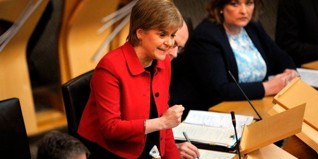 Scottish First Minister Nicola Sturgeon debates in Scottish Parliament in Edinburgh on March 28, 2017.