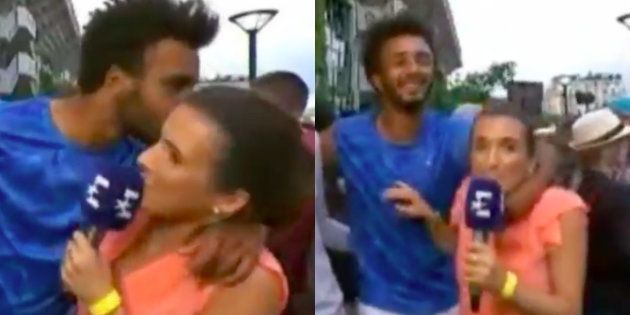 Tennis player Maxime Hamou forcibly grabbing and kissing sports journalist Maly Thomas. 