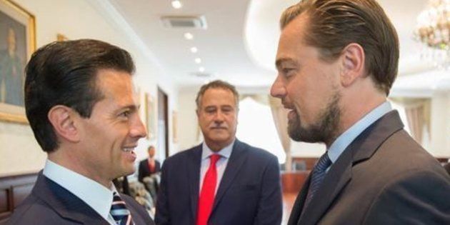 Mexican President Enrique Peña Nieto, actor Leonardo DiCaprio and billionaire Carlos Slim, right, meet before a Memorandum of Understanding is signed to protect the vaquita.