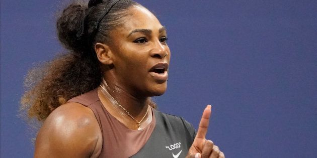 Sept 8, 2018; New York, NY, USA; Serena Williams of the USA talks to chair umpire after a code violation for coaching while playing Naomi Osaka of Japan in the women’s final on day thirteen of the 2018 U.S. Open tennis tournament at USTA Billie Jean King National Tennis Center. Mandatory Credit: Robert Deutsch-USA TODAY Sports