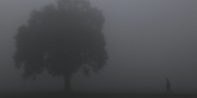 TOPSHOT - An Indian villager walks in a field on a foggy morning on the outskirts of Jammu on January 31, 2018. / AFP PHOTO / Rakesh BAKSHI (Photo credit should read RAKESH BAKSHI/AFP/Getty Images)