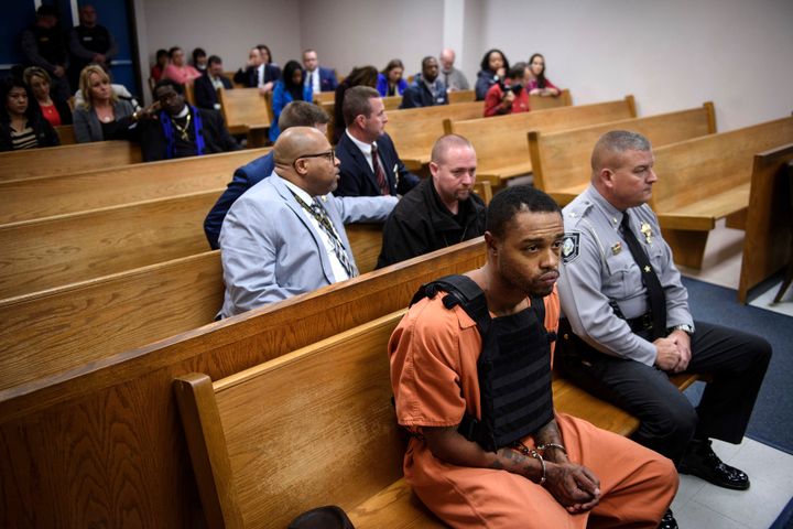 Michael Ray McLellan (front row, left), 34, appears in court, charged with the kidnapping and murder of 13-year-old Hania Aguilar, Dec. 10, in Lumberton, North Carolina. He was identified last year as a suspect in a rape but was not apprehended until after Aguilar's abduction.