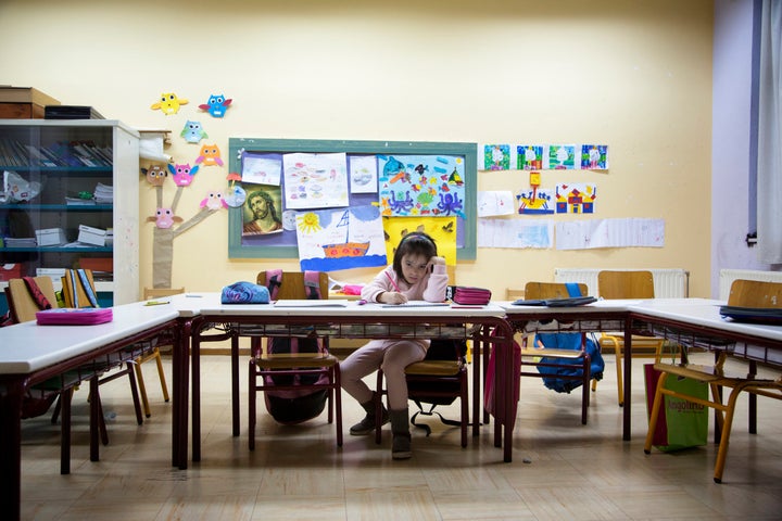 KALPAKI, GREECE- NOV 27: Chrysa Papigioti at her seat in the classroom at the end of a mid morning break at Kalpaki elementary school. (Loulou d'Aki for The Washington Post via Getty Images)