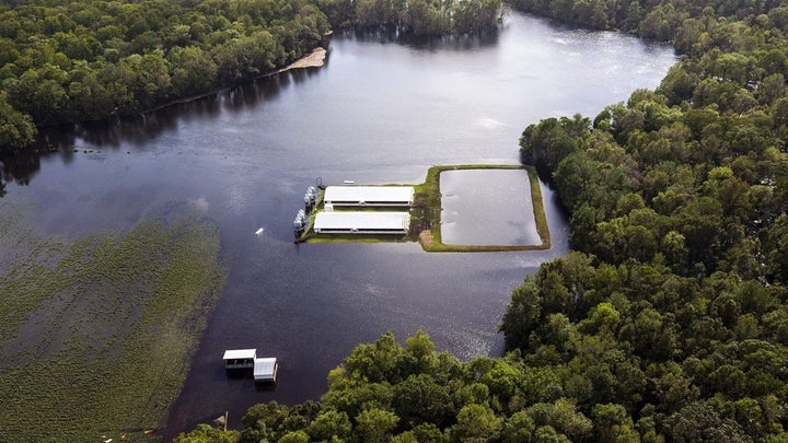 Floodwater from Hurricane Florence creeps up on hog houses and a lagoon where hog waste is stored. At least 33 such lagoons o