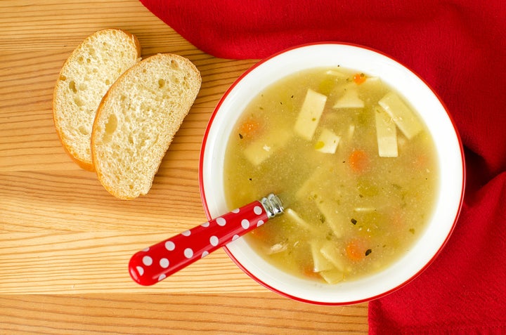 Soup's warm liquid helps speed up the movement of mucus through the nose.