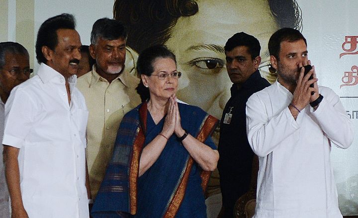 DMK President MK Stalin (left) with Sonia Gandhi and Congress President Rahul Gandhi on Sunday.