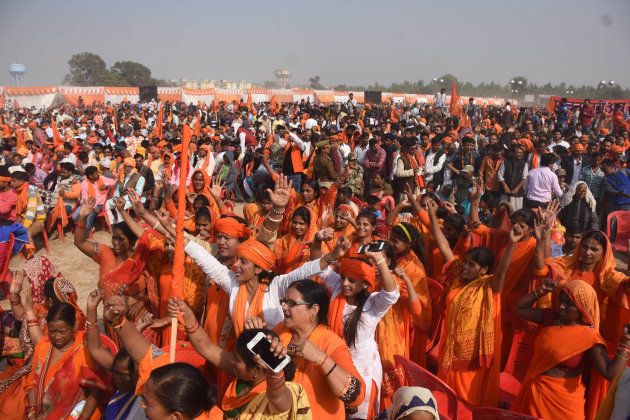 Supporters of Vishwa Hindu Parishad and other Hindu organisations attend the Sabha in Ayodhya.