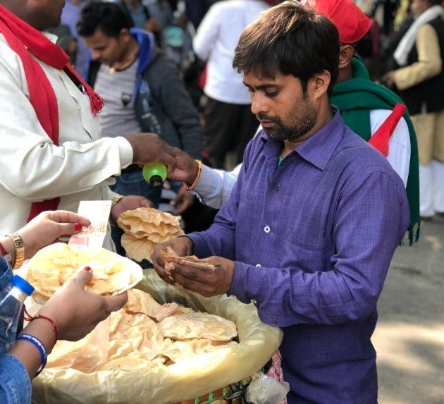 Jitendra Kumar was selling Papads for half the regular rates to the marching farmers.