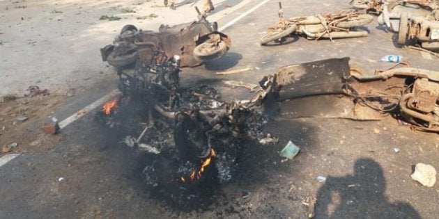 A burnt car after the violence at Bulandshahr.