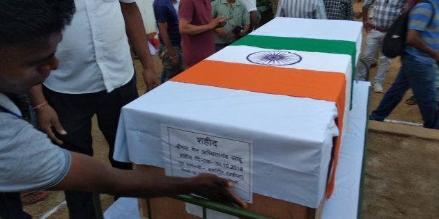 The flag-draped coffins of the policemen killed in Chattisgarh on October 30 2018. (Pavan Dahat).