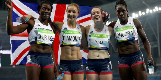 RIO DE JANEIRO, BRAZIL - AUGUST 20: (L-R) Christine Ohuruogu, Emily Diamond, Eilidh Doyle and Anyika Onuora of Great Britain react after winning bronze in the Women's 4 x 400 meter Relay on Day 15 of the Rio 2016 Olympic Games at the Olympic Stadium on August 20, 2016 in Rio de Janeiro, Brazil. (Photo by Ian Walton/Getty Images)