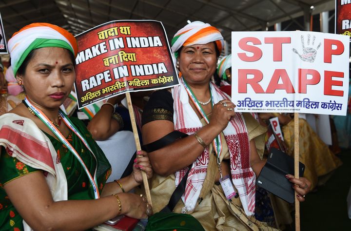 Women protest against violence and sexual assault in India during a rally in New Delhi on April 29, 2018.