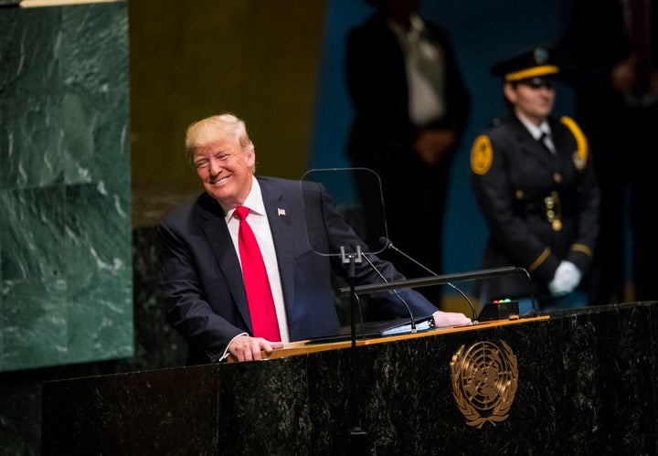 Trump reacts as the audience laughs during his speech at the General Debate of the 73rd session of the United Nations General