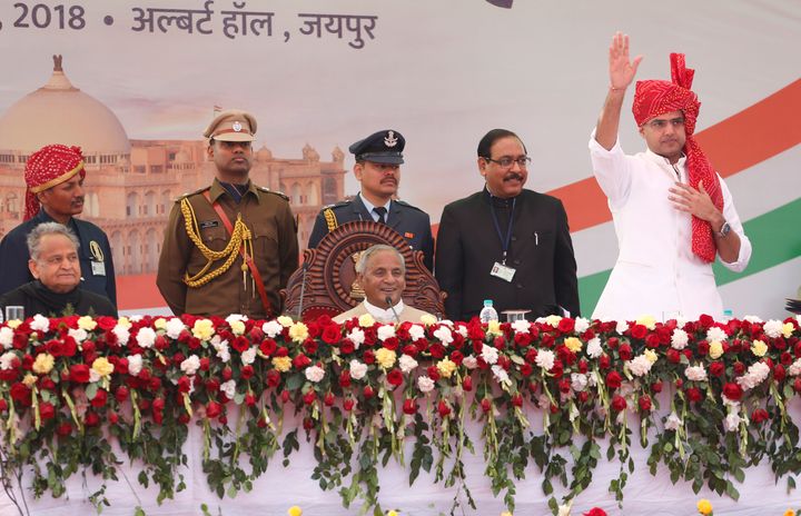 Sachin Pilot waves after taking oath as the Deputy Chief Minister of Rajasthan in the state capital Jaipur on Monday.
