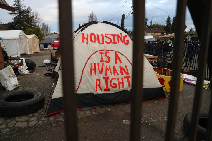 A tent at a homeless encampment in Oakland, California.